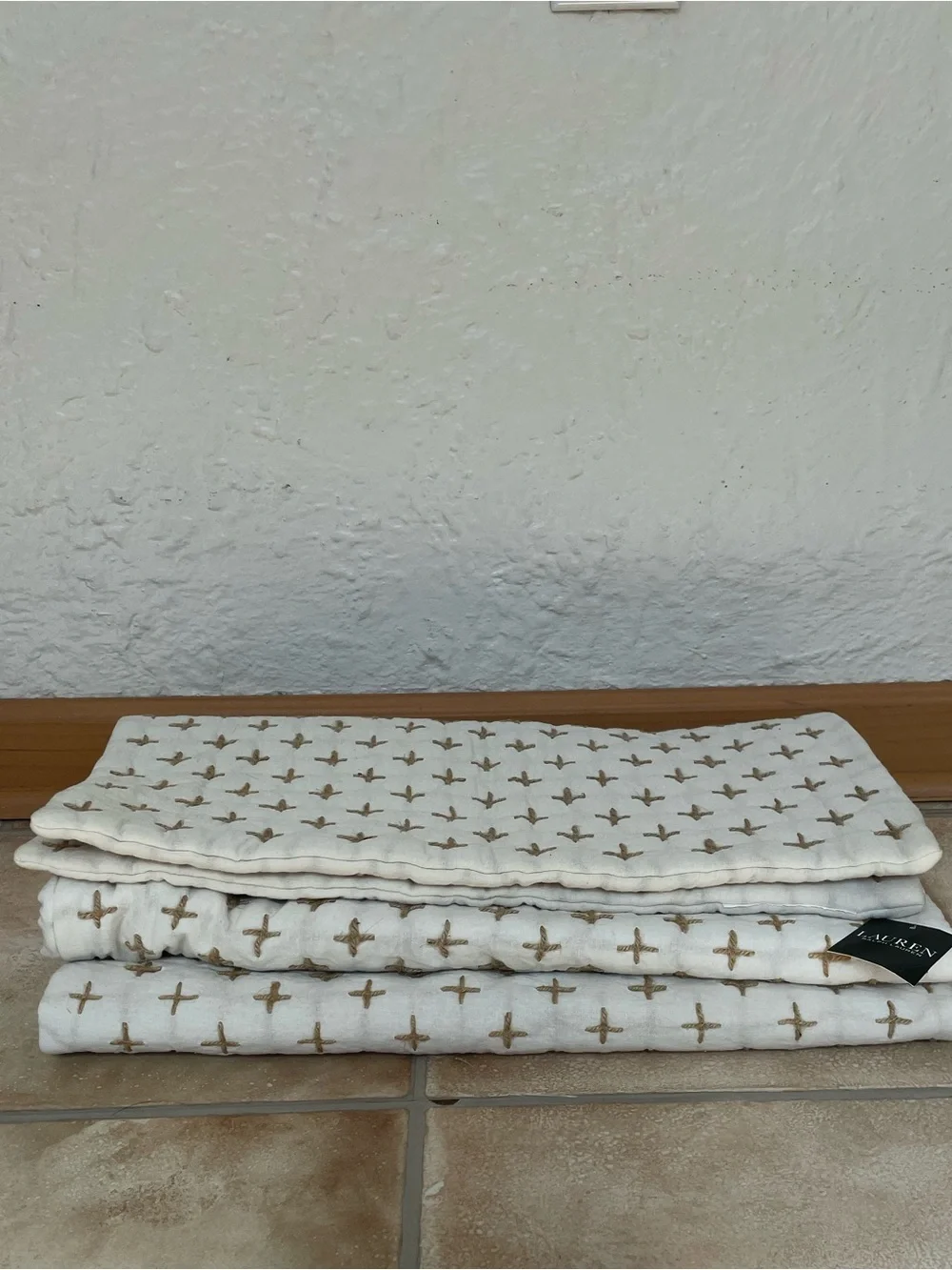 NWT Lauren Ralph Lauren set of 3 pillowcases, cream, gold, 100% cotton; 20”x20”